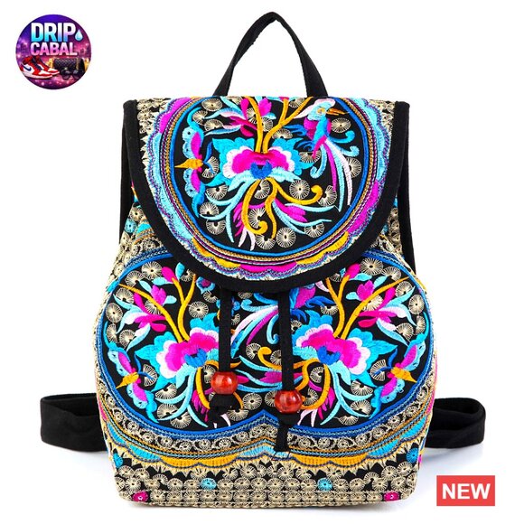 Embroidered Canvas Backpack Purse Boho Elegant Vintage Floral Shoulder Handbag main image 6